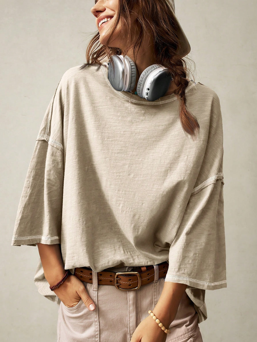 Bohemela Casual Solid Color Knit Round Neck 3/4 Sleeve Loose Washed T-Shirt Boho
