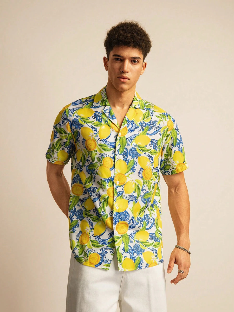 SWAVVY Vacation Style Digital Print Turndown Collar Short Sleeve Button-Down Shirt For Men