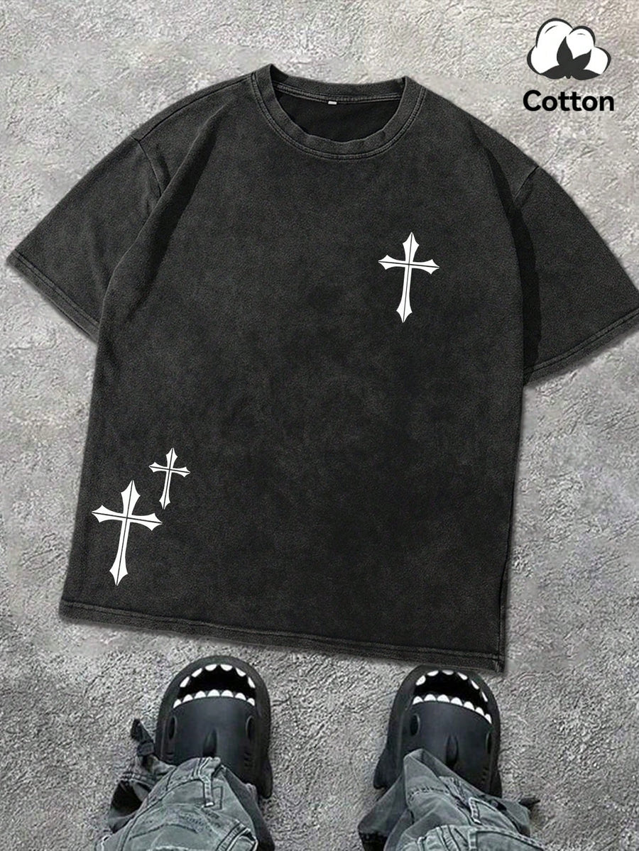 Hemo, Men's Round Neck Short Sleeve Simple Commuter Top, Casual Daily Cross Print Distressed Print T-Shirt