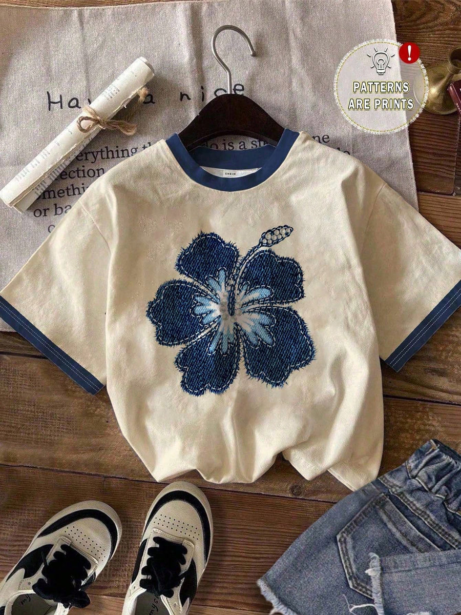 Attitoon Casual Minimalist Blue Floral Pattern Round Neck Short Sleeve Loose Women T-Shirt, Suitable For Summer Hibiscus Shirt Suitable For Going Out