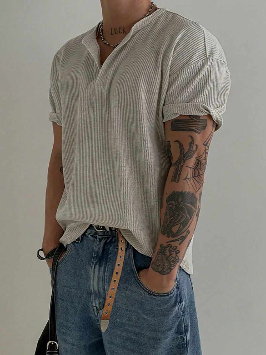 Henry Collar Waffle Short Sleeve T-Shirt For Men, Lightweight Breathable Basic Tee, American Minimalist Style, All Season