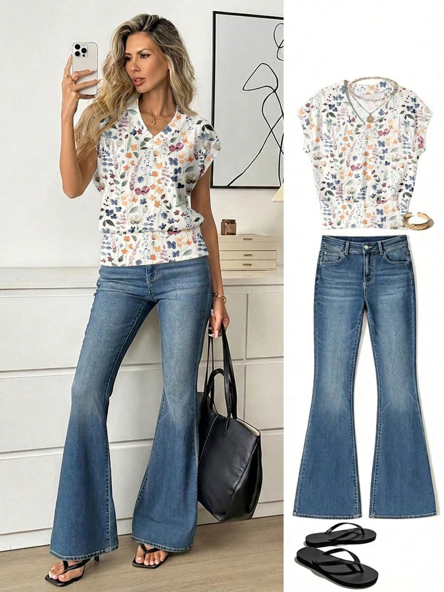 Easowa Women's V-Neck Printed T-Shirt, Versatile For Summer